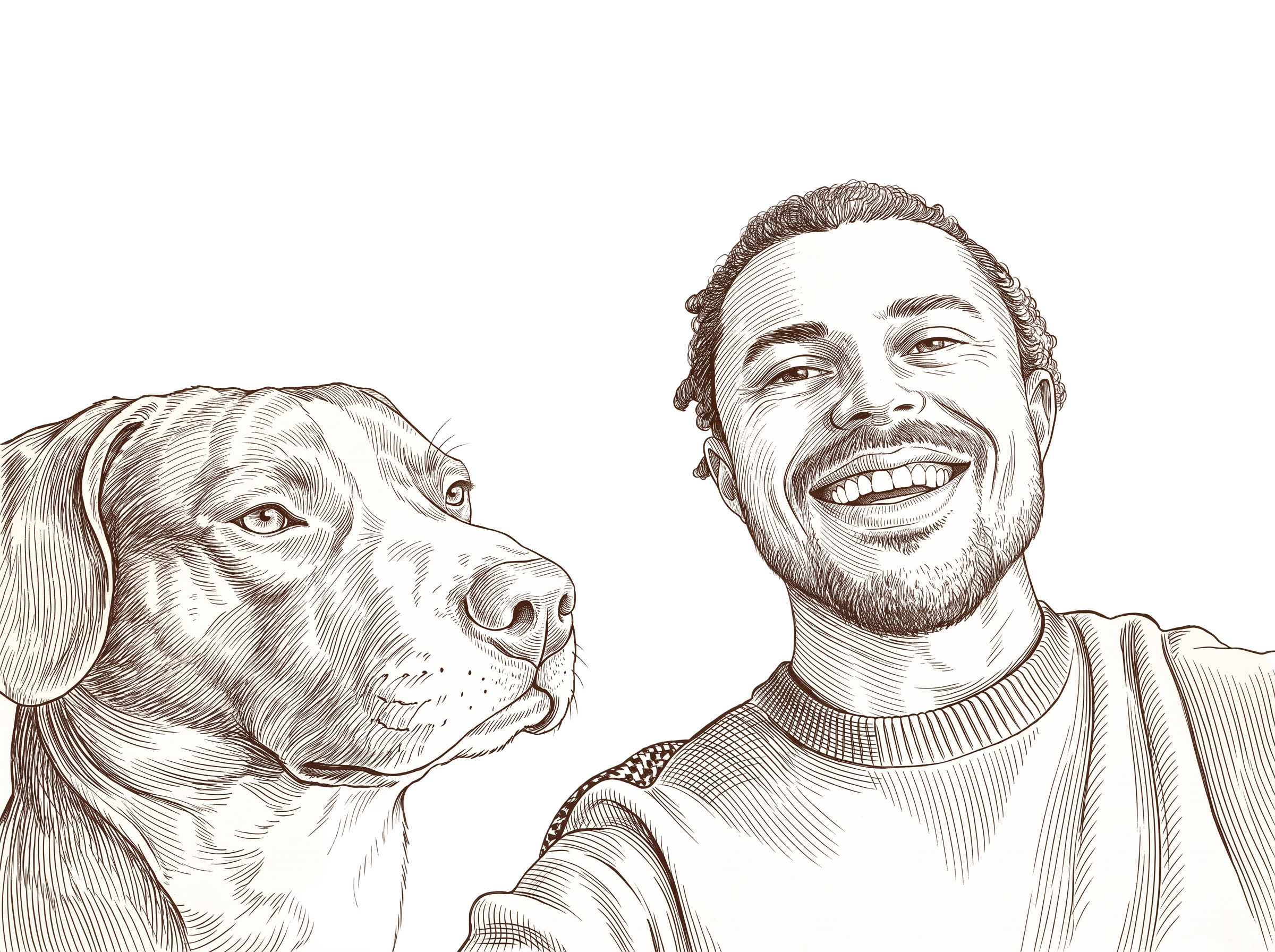 Line-drawn sketch of Quinton and his dog